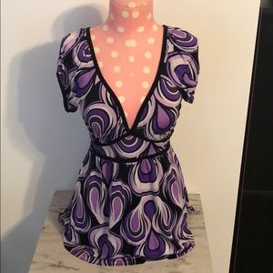 Purple deep V-neck shirt with string tie
